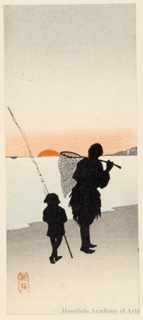 Suzuki Shönen: Silhouette of a fisherman and a child - ホノルル美術館