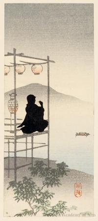 Suzuki Shönen: Silhouette of a man seated on a platform enjoying the scenery (descriptive title) - ホノルル美術館