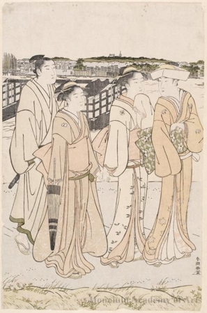 勝川春潮: A Lady with Two Maid Servants and a Man Walking on the River Bank (descriptive title) - ホノルル美術館