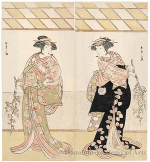 Katsukawa Shunsho: Osagawa Tsuneyo II as the Prostitute of Kanzaki, Naniwa-zu Disguised as the Shirabyöshi Fuyo and Nakamura Rikö I as Kikuchi Hyögo’s Wife Michishio Disguised as Another Shirabyöshi - Honolulu Museum of Art