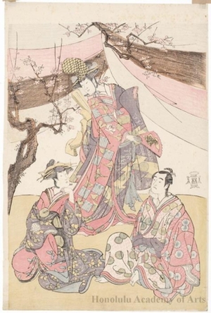 Katsukawa Shunsho: Nakayama Kojürö VI as Minamoto no Tametomo Disguised as Hotoke Gozen, Osagawa Tuneyo II as Courtesan Naniwa-zu and Sawamura Söjürö III as Komatsu Shigemori - Honolulu Museum of Art