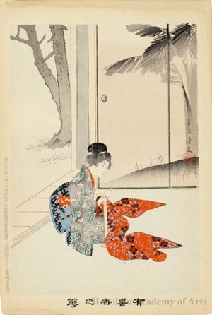 宮川春汀: Woman Sewing Kimono (descriptive title) - ホノルル美術館