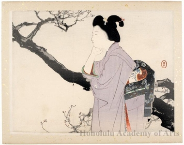 水野年方: Beauty Looking at Plum Tree - ホノルル美術館