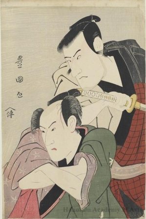 歌川豊国: Ichikawa Komazö III as Munetou Disguised as Torikai Yasaburö, Bandö Hikosaburô III as Fisherman Bunji - ホノルル美術館