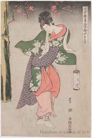 歌川豊国: Yamatoya Iwai Hanshirö IV as Inaka Musume - ホノルル美術館