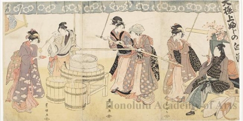 歌川豊国: Young Man Watching Women Making Sake from Rices - ホノルル美術館