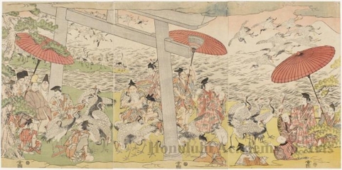 Utagawa Toyokuni I: (Nobleman and Attendants/Cranes) - Honolulu Museum of Art