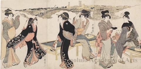 Kitagawa Utamaro: Girls Playing Badminton And Serving Tea To a Samurai and Little Boy Holding Ball (descriptive title) - Honolulu Museum of Art