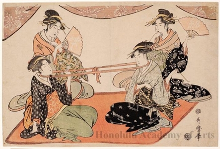 Kitagawa Utamaro: Two Beauties in a Tug-of-war with a Sash Looped Round Their Necks - Honolulu Museum of Art