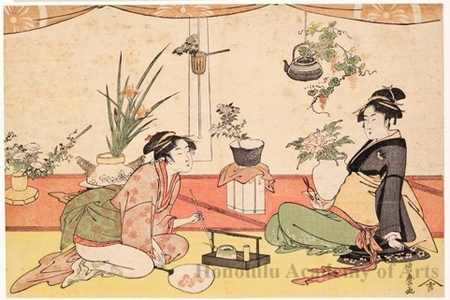 Kitagawa Utamaro: Flower Arrangement Contest between Okita and Ohisa - Honolulu Museum of Art