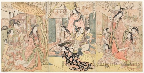 喜多川歌麿: Picture of Hideyoshi and his Five Wives Viewing Cherry-blossom at Higashiyama - ホノルル美術館