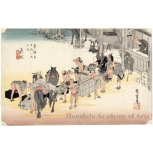歌川広重: Changing Porters and Horses at Fujieda (Station #23) - ホノルル美術館