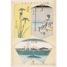 Utagawa Hiroshige: Takanawa, Three-pronged River and Parting Depths at Nakasu, Irises at Horikiri Village - Honolulu Museum of Art