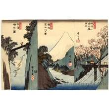 Utagawa Hiroshige: Cherry Blossoms at Koganeibashi Bridge, Mount Fuji in Suruga Province and Monkey Bridge in Kai Province - Honolulu Museum of Art