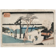 歌川広重: Cherry Blossoms in Rain on the Sumida Riverbank - ホノルル美術館