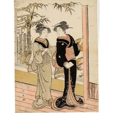 鳥居清長: A geishi and a maid talking on a veranda - ホノルル美術館