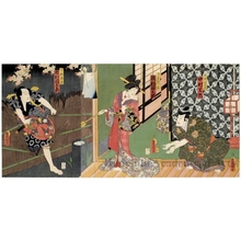 Utagawa Kunisada: Yodaime Nakamura Shikan no Fuwa Banzaemon, Sandaime Sawamura Tanosuke no Keisei Katsuragi, Jüsandaime Ichimura Uzaemon no Kabushi Kazö - Honolulu Museum of Art