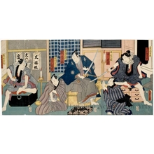 Utagawa Kunisada, 歌川国貞 (Utagawa Kunisada I (Toyokuni III))创作的日本版画《Jüsandaime Ichimura Uzaemon no Benten Kozö Kikunosuke, Yodaime Sekihanasuke no segare Sönosuke, Sandaime Seki Sanjürö no Nihon Daemon, Rokudaime Ichikawa Danzö no Hamamatsuya Köbei, Yodaime Nakamura Shikan no Nangö Rikimaru》