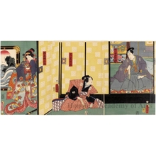 Utagawa Kunisada, 歌川国貞 (Utagawa Kunisada I (Toyokuni III))创作的日本版画《Sodai Kawarazaki Gonjürö no Momo no Iwakasa no suke, Jüsandaime Ichimura Uzaemon no Honzö Musume no Konami, Sandaime Iwai Kumesaburö no Öboshi Rikiya》