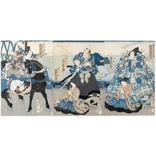 Utagawa Kunisada, 歌川国貞 (Utagawa Kunisada I (Toyokuni III))创作的日本版画《Godaime Otani Tomoemon no Kajiwara Genta Kagesue, Godaime Onoe Kikusaburö no Ichimanmaru, Sandaime Sekisanjürö no Tarösukenobu, Shodai Bandö Matsujirö no Hakoömaru., Yondaime Ichikawa Kodanji no Hatakeyama Shigetada》