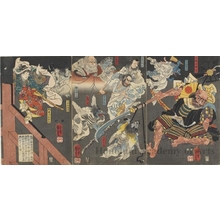 Utagawa Kuniyoshi: Ushiwaka (Yoshitsune) and Goblins (Tengu) Attack Benkei on Gojö Bridge - Honolulu Museum of Art