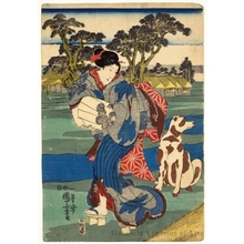 歌川国芳: Woman Pounding Cloth with a Kinuta by Tamagawa, Settsu - ホノルル美術館