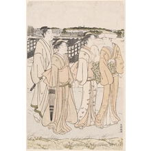 勝川春潮: A Lady with Two Maid Servants and a Man Walking on the River Bank (descriptive title) - ホノルル美術館