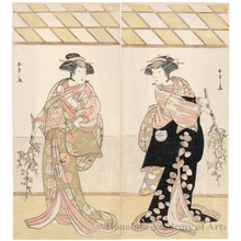 勝川春章: Osagawa Tsuneyo II as the Prostitute of Kanzaki, Naniwa-zu Disguised as the Shirabyöshi Fuyo and Nakamura Rikö I as Kikuchi Hyögo’s Wife Michishio Disguised as Another Shirabyöshi - ホノルル美術館