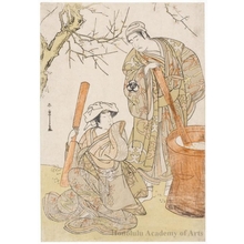 勝川春章: Bandö Mitsugorö I as the Sprit of an Egret Disguised as Cotton Maker Megamagosaburö and Arashi Konomatsu as Kawachi no Hyösuke’s Daughter, Tsumagi - ホノルル美術館