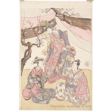 勝川春章: Nakayama Kojürö VI as Minamoto no Tametomo Disguised as Hotoke Gozen, Osagawa Tuneyo II as Courtesan Naniwa-zu and Sawamura Söjürö III as Komatsu Shigemori - ホノルル美術館