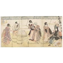 Utagawa Toyokuni I: Young Man Watching Women Making Sake from Rices - Honolulu Museum of Art