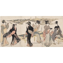 Kitagawa Utamaro: Girls Playing Badminton And Serving Tea To a Samurai and Little Boy Holding Ball (descriptive title) - Honolulu Museum of Art