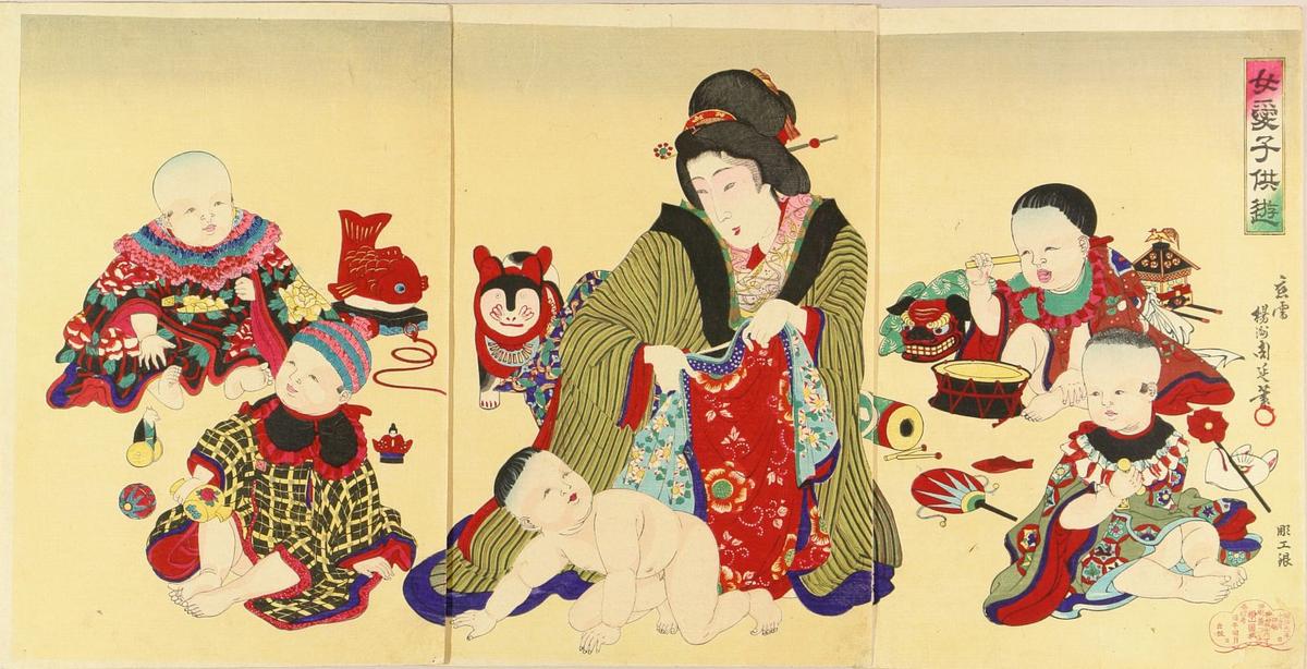 Toyohara Chikanobu: A beauty nursing babies — 女愛子供遊