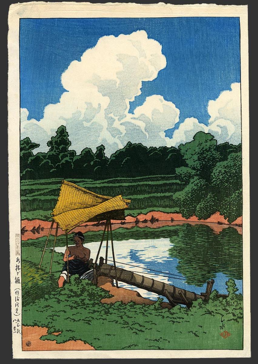 A water conduit- a scene in Sado by Kawase Hasui