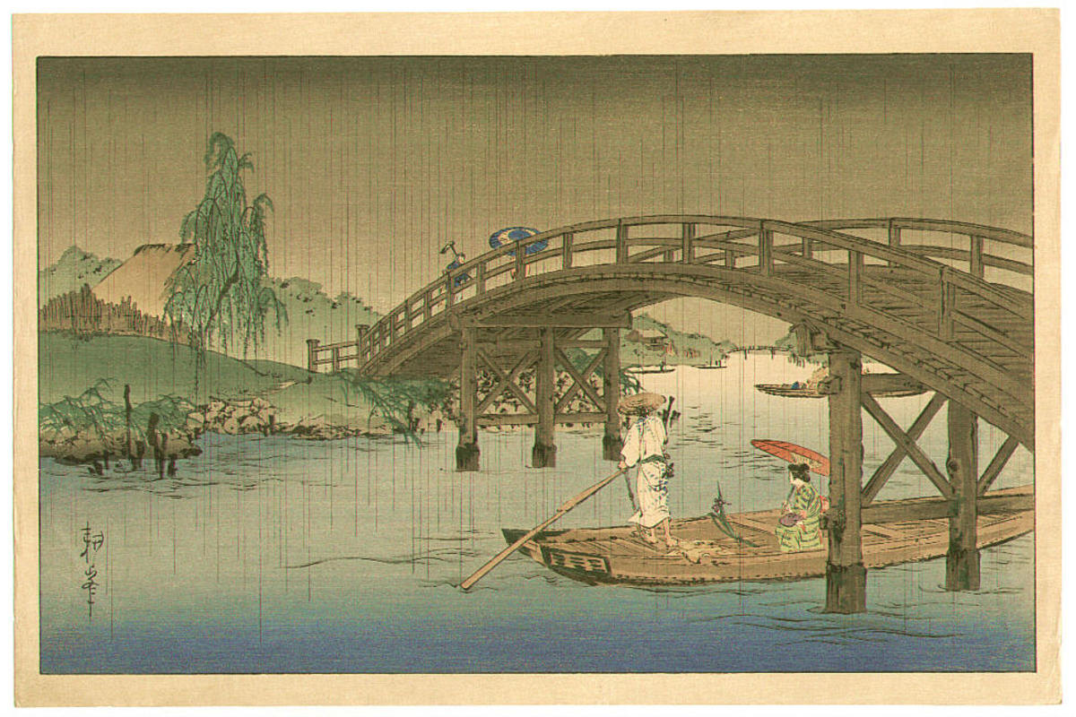 Japanese Art, Hiroshige Famous: Rain Over Bridge Views Of