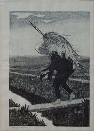 Aoyama Masaharu: man cutting hay by hand - Japanese Art Open Database