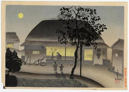 大野麦風: Farmers house, evening - Japanese Art Open Database