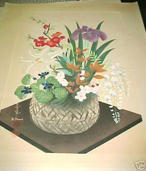 Estampe japonaise "Flowers In Bamboo Basket (Spring)" par Bakufu Ohno, 大野麦風 (Bakufu Ohno (大野麦風))