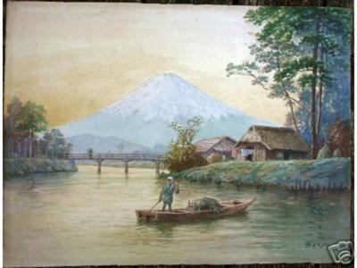 Bunya Ioki: Mt Fuji and river boat - Japanese Art Open Database