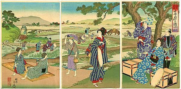 Toyohara Chikanobu: May- View of rice planting — 五月 田植之図 - Japanese Art Open Database