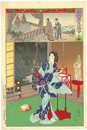 Toyohara Chikanobu: Woman with a lamp before a statue - Japanese Art Open Database