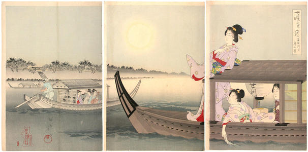 Toyohara Chikanobu: Monday- autumn moon over Sumida River — Getsu Sumida-gawa no aki no tsu - Japanese Art Open Database