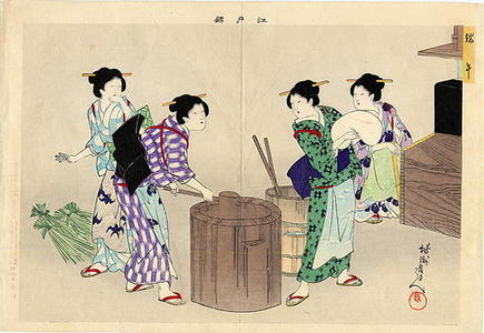 Toyohara Chikanobu: Tango- 5th May- Making rice cake for celebration - Japanese Art Open Database