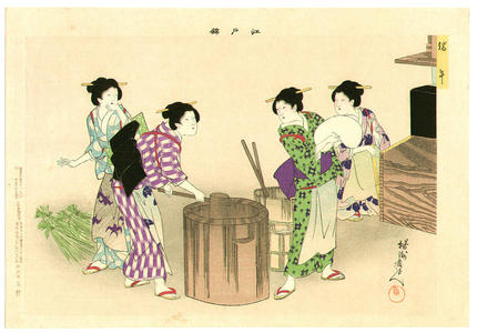 Toyohara Chikanobu: Tango- 5th May- Making rice cake for celebration - Japanese Art Open Database