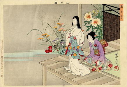 Toyohara Chikanobu: Two young bijin on an engawa in early spring - Japanese Art Open Database