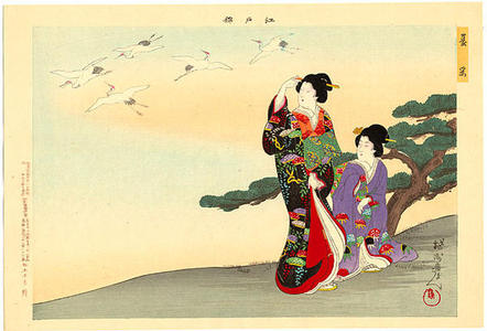 豊原周延: Women watching flying cranes - Japanese Art Open Database