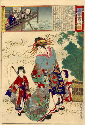 豊原周延: Courtesan Jigoku (hell) Dayu walking with two young children dressed in costumes - Japanese Art Open Database