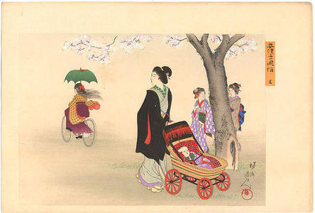 Toyohara Chikanobu: Woman with baby and young girl riding a bicycle - Japanese Art Open Database