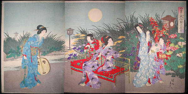 豊原周延: Scene of a Flower Gargen at Night — 園之夜景 - Japanese Art Open Database
