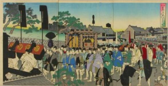 豊原周延: A procession of a feudal lord visiting the temple at Ueno — 旧諸侯上野初御仏参之 - Japanese Art Open Database
